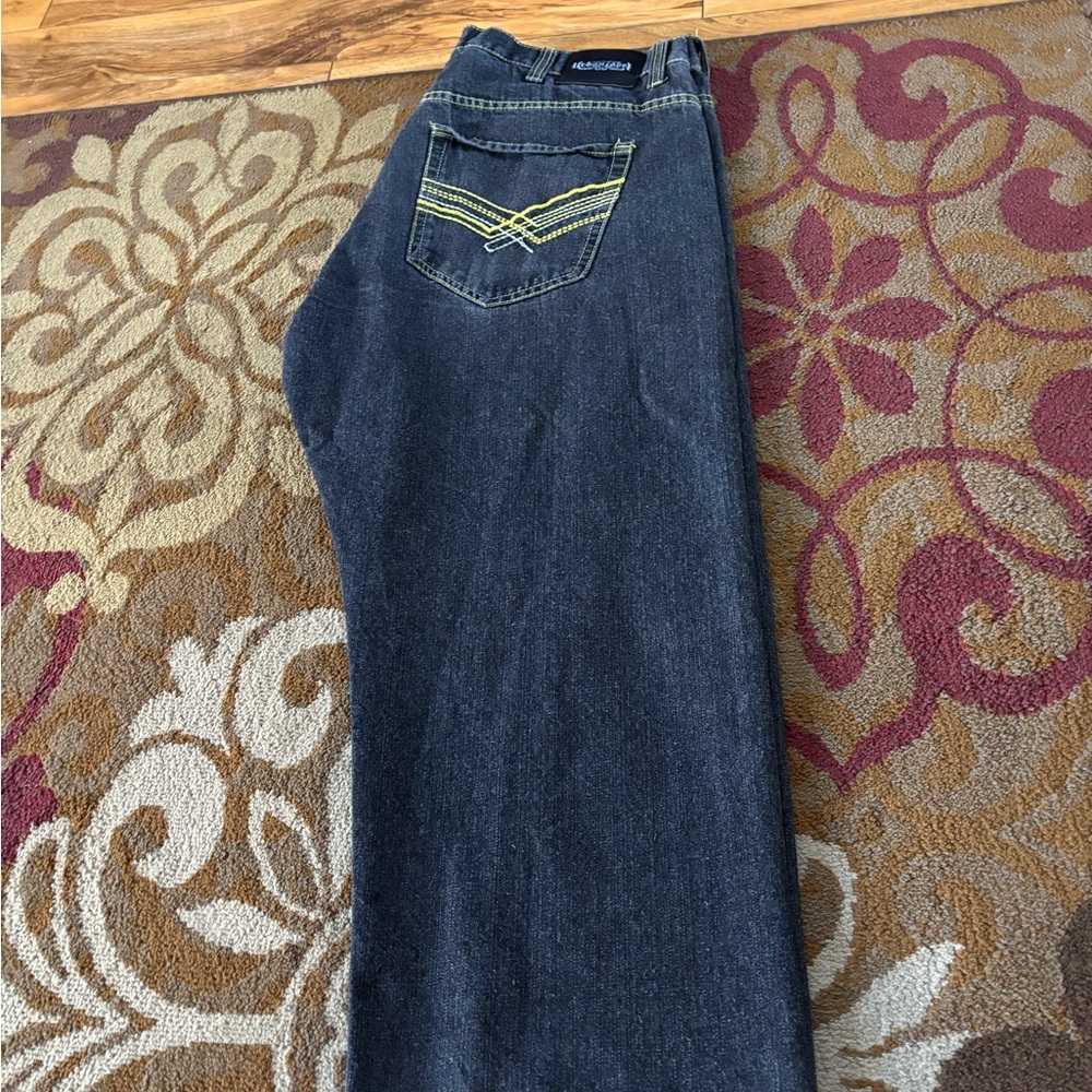 Rocawear Navy Jeans with Bright Yellow Accents